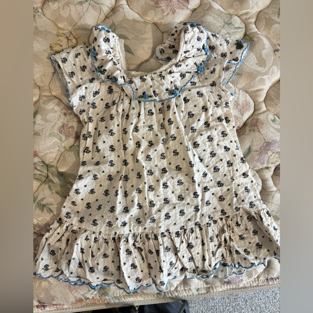 Emile et Ida Cream and Blue Floral Kids Dress